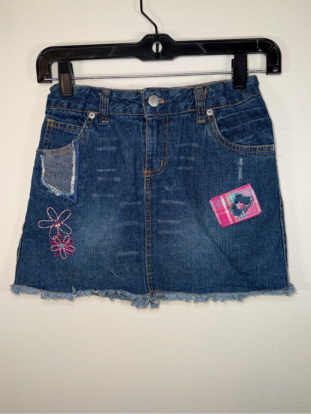 Vintage Y2K Paris Blues Denim Patchwork Frayed Distressed Jean Mini Skirt Kids